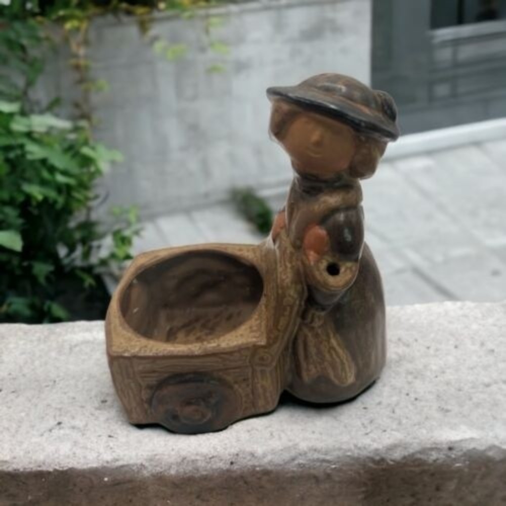 VTG 4" Planter Candle Holder Counterpoint San Francisco Victorian Woman w/Cart